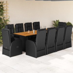 Set de comedor jardín 11 pzas con cojines ratán sintético negro D