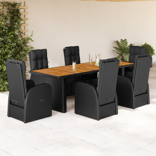 Set de comedor de jardín 7 pzas y cojines ratán sintético negro D