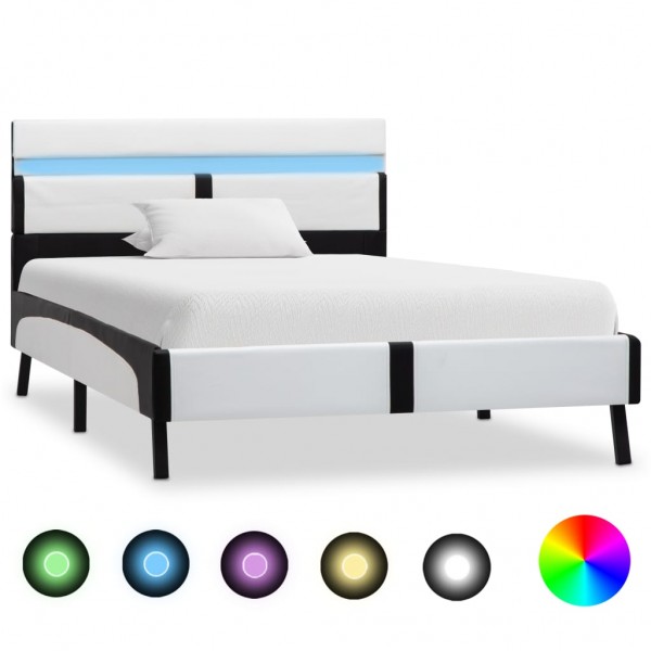 Estructura cama con LED cuero sintético blanco negro 90x200 cm D