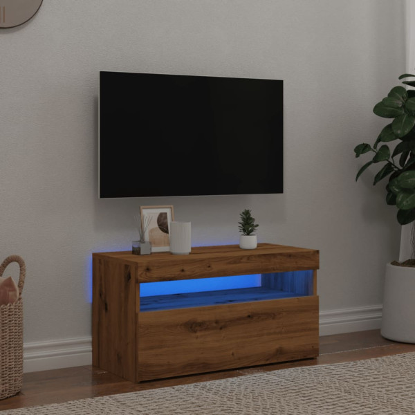 Mueble de TV luces LED madera roble artisan 75x35x40 cm D