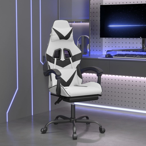 Silla gaming giratoria reposapiés cuero sintético blanco negro D