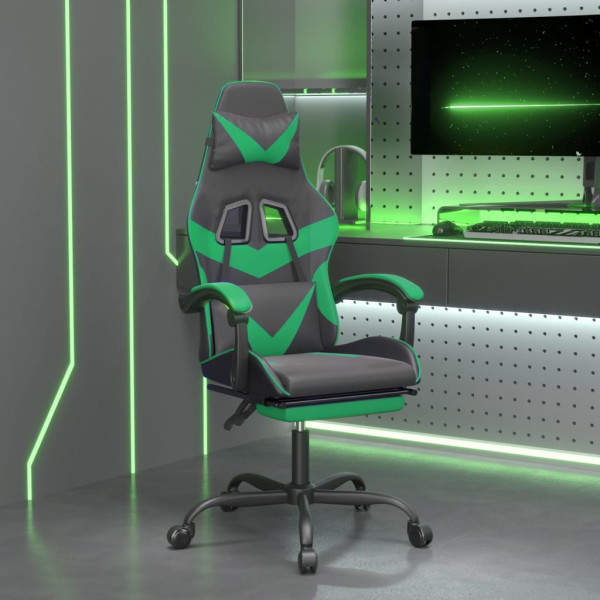 Silla gaming giratoria y reposapiés cuero sintético negro verde D