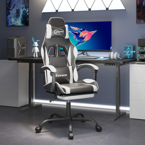 Silla gaming giratoria reposapiés cuero sintético negro blanco D