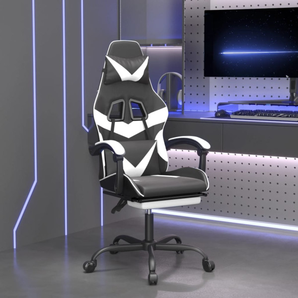 Silla gaming con reposapiés cuero sintético negro blanco D