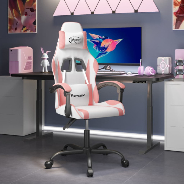 Silla gaming giratoria cuero sintético blanco y rosa D