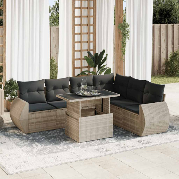 Set de sofás de jardín 7 pzas con cojines ratán PE gris claro D