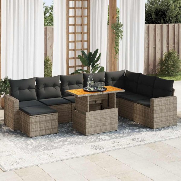 Set de sofás de jardín con cojines 9 pzas ratán sintético gris Set de sofás de jardín con cojines 9 pzas ratán sintético gris D