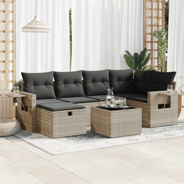 Set de sofás de jardín 7 pzas con cojines ratán PE gris claro Set de sofás de jardín 7 pzas con cojines ratán PE gris claro D