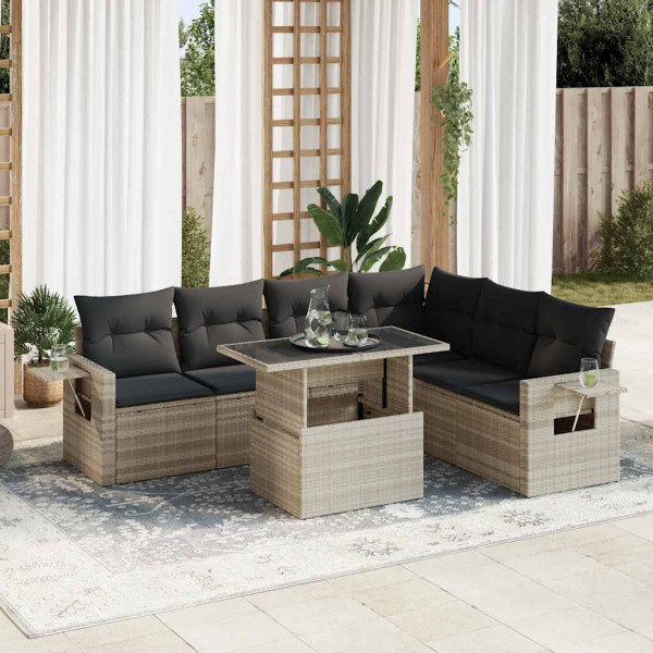 Set de sofás de jardín 7 pzas con cojines ratán PE gris claro D