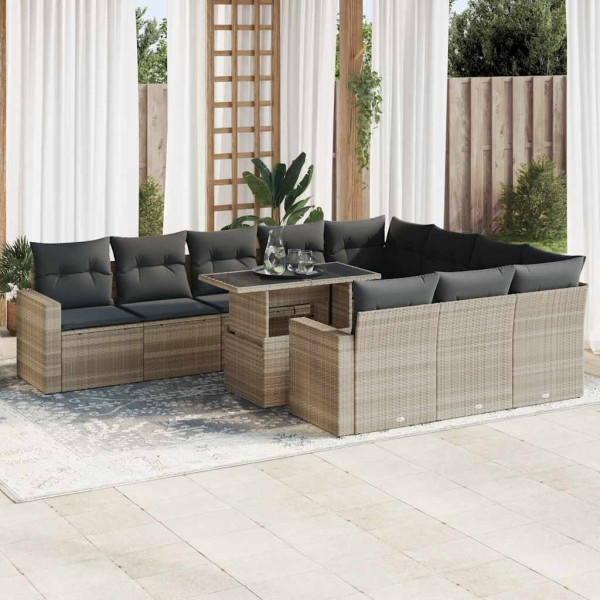 Set de sofás de jardín 11 pzas y cojines ratán sintético gris D