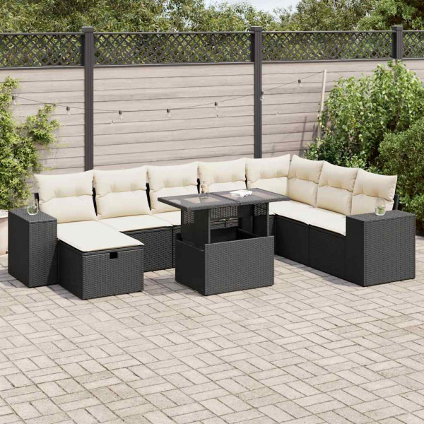 Set de sofás de jardín con cojines 9 pzas ratán sintético negro Set de sofás de jardín con cojines 9 pzas ratán sintético negro D