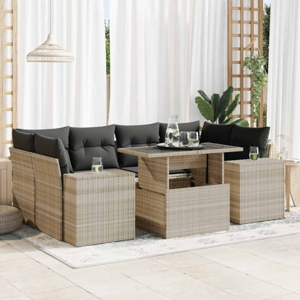 Set de sofás de jardín 7 pzas con cojines ratán PE gris claro Set de sofás de jardín 7 pzas con cojines ratán PE gris claro D