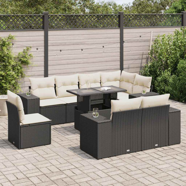 Sofá de jardim com almofadas 9 pcs preto sintético rattan D