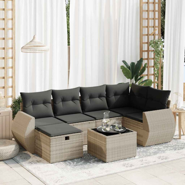 Set de sofás de jardín 7 pzas con cojines ratán PE gris claro Set de sofás de jardín 7 pzas con cojines ratán PE gris claro D