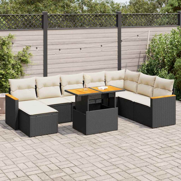 Conjuntos de sofás de jardim e almofadas 9 pcs sintético preto acacia rattan D