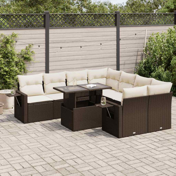 Set de sofás de jardín 9 pzas y cojines ratán sintético marrón D