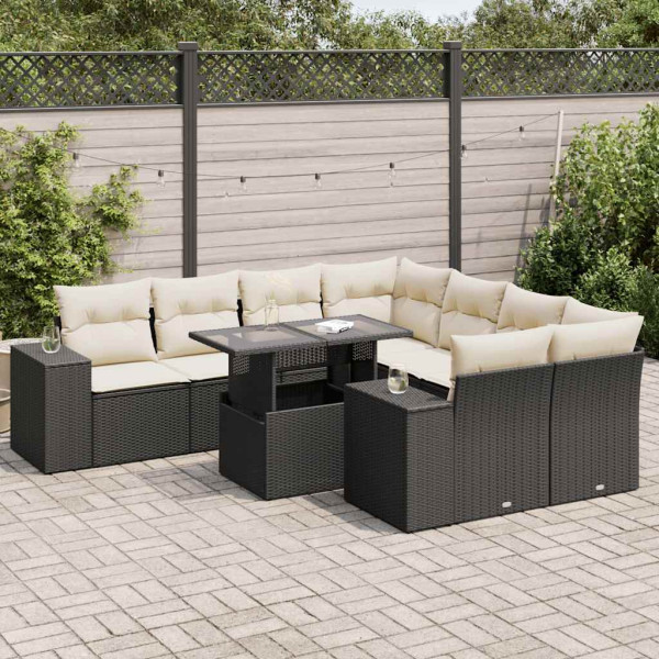 Set de sofás de jardín con cojines 9 pzas ratán sintético negro Set de sofás de jardín con cojines 9 pzas ratán sintético negro D
