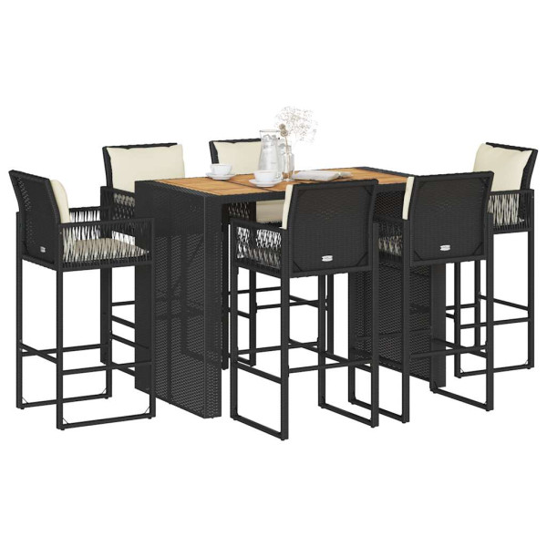Set bar jardín con cojines 7 pzas ratán sintético acacia negro D