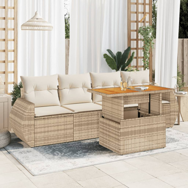 Juego de sofás jardín con cojines 5 pzas ratán sintético beige D
