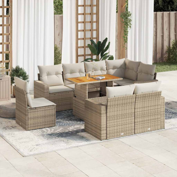 Sofá de jardim com almofadas 9 pcs bege sintético rattan D