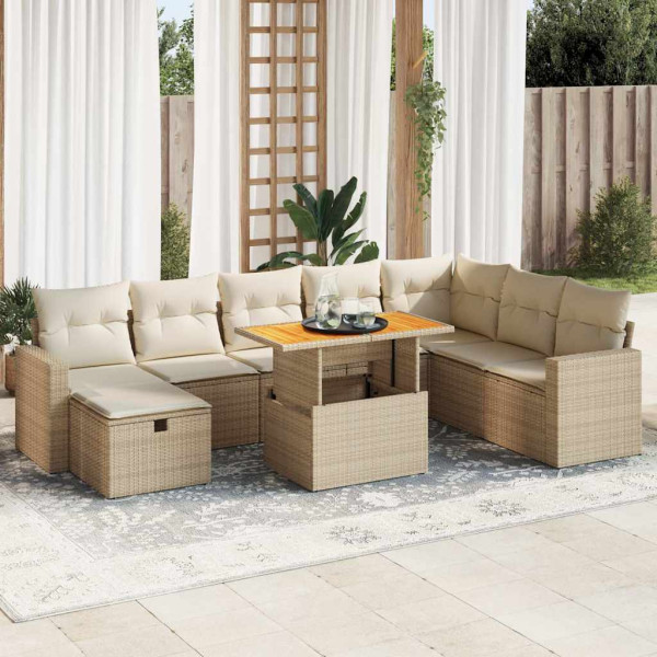 Definir sofás de jardim e almofadas 9 pcs sintético acacia bege rattan D