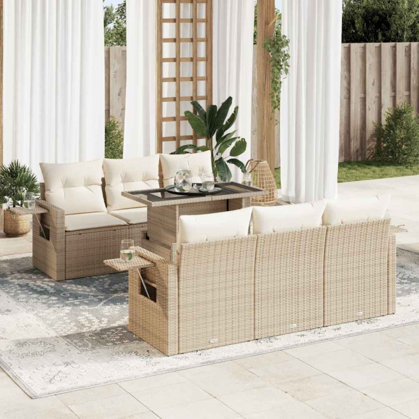 Definir sofás de jardim 7 peças e almofadas de rattan sintético bege D