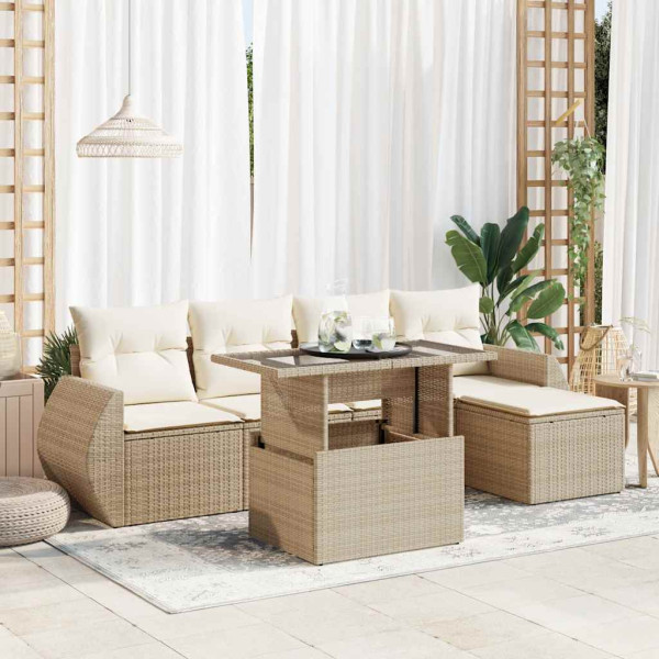 Sofá de jardim com almofadas 6 pcs bege sintético rattan D