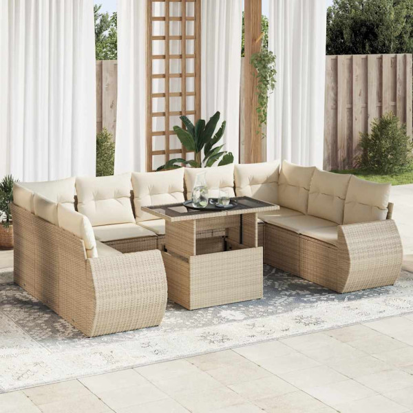 Juego de sofás jardín con cojines beige 10 pzas ratán sintético Juego de sofás jardín con cojines beige 10 pzas ratán sintético D