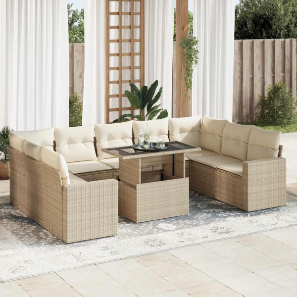 Juego de sofás jardín con cojines beige 10 pzas ratán sintético D