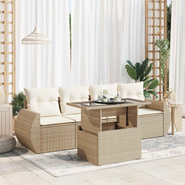 Sofá de jardim com almofadas 5 pcs bege sintético rattan D