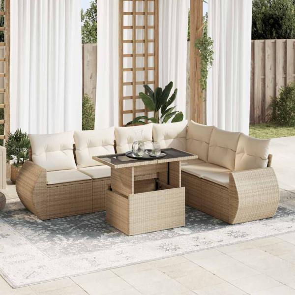 Set sofás de jardín 7 piezas y cojines ratán sintético beige D
