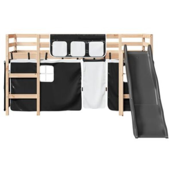 Cama alta niños con cortinas madera pino blanco negro 90x190 cm D