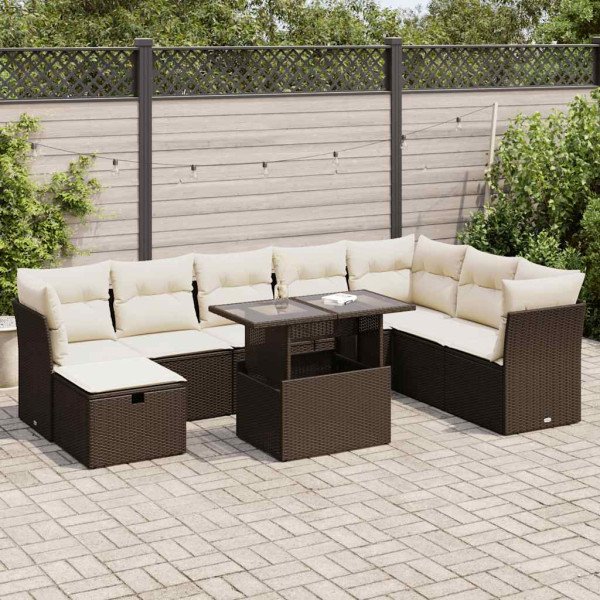 Set de sofás de jardín 9 pzas y cojines ratán sintético marrón Set de sofás de jardín 9 pzas y cojines ratán sintético marrón D