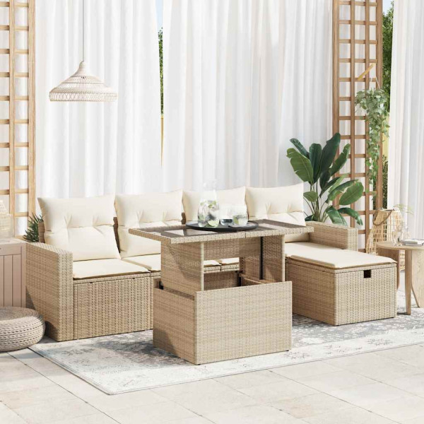 Juego de sofás jardín con cojines 6 pzas ratán sintético beige Juego de sofás jardín con cojines 6 pzas ratán sintético beige D