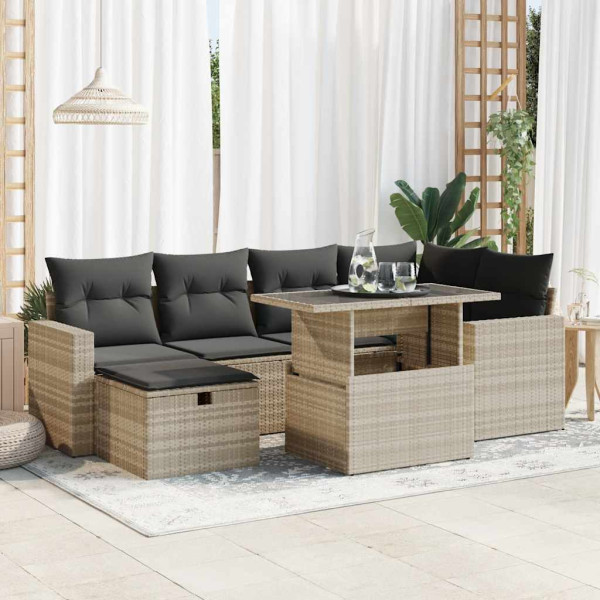 Set de sofás de jardín 7 pzas con cojines ratán PE gris claro Set de sofás de jardín 7 pzas con cojines ratán PE gris claro D