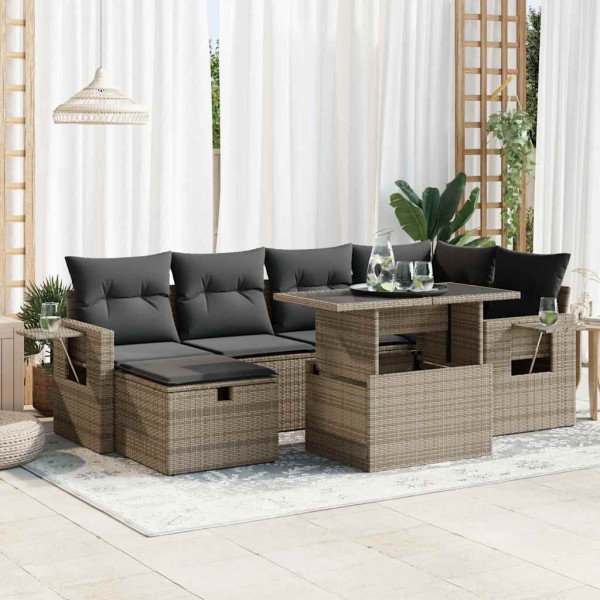 Set de sofás de jardín 7 pzas con cojines ratán sintético gris Set de sofás de jardín 7 pzas con cojines ratán sintético gris D