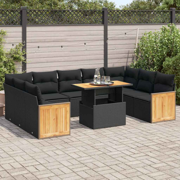 Set sofás jardín y cojines 10 pzas ratán sintético acacia negro D