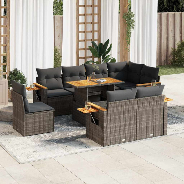 Set sofás jardín y cojines 9 pzas ratán sintético acacia gris D