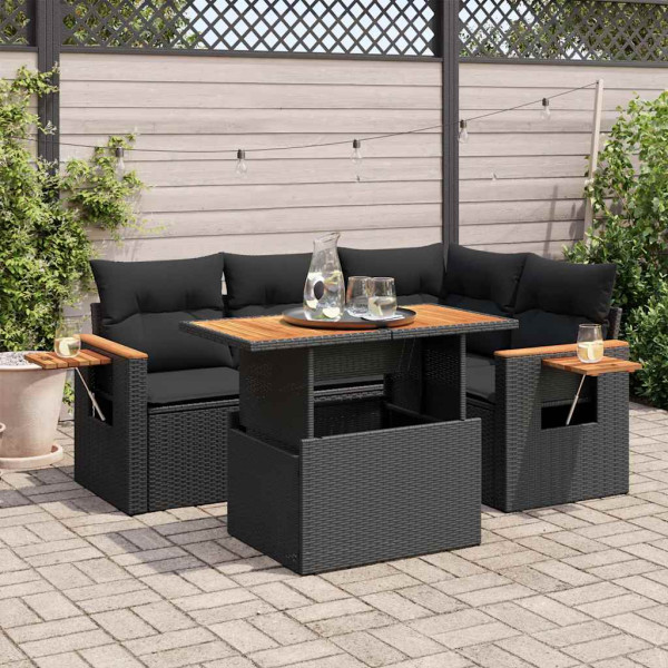 Set sofás jardín y cojines 4 pzas ratán sintético acacia negro D