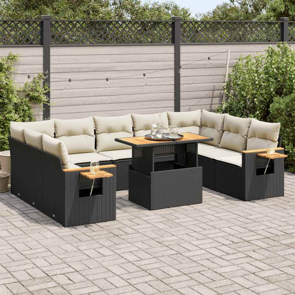 Set sofás jardín y cojines 10 pzas ratán sintético acacia negro D