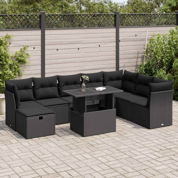 Set de sofás de jardín con cojines 9 pzas ratán sintético negro Set de sofás de jardín con cojines 9 pzas ratán sintético negro D
