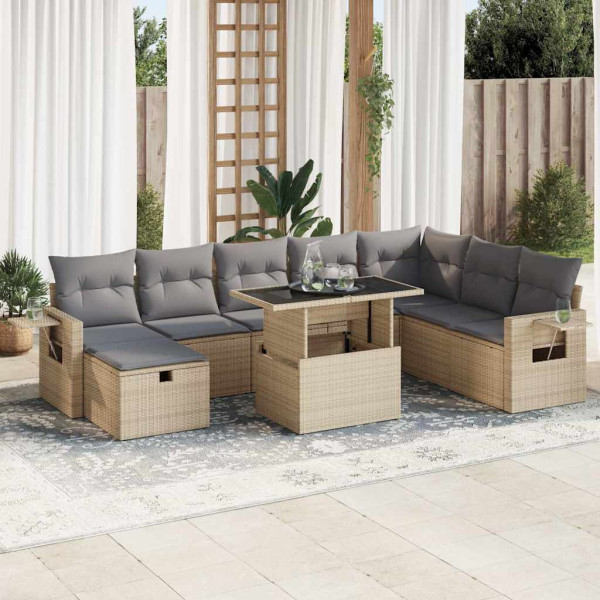 Set de sofás de jardín con cojines 9 pzas ratán sintético beige D