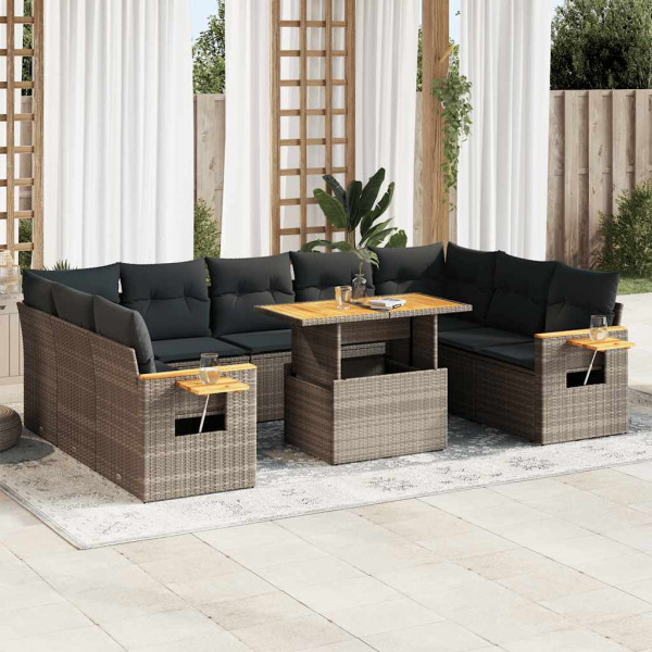 Set sofás jardín y cojines 10 pzas ratán sintético acacia gris D