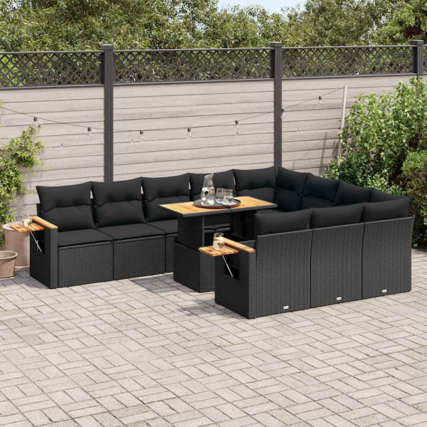 Set sofás jardín y cojines 10 pzas ratán sintético acacia negro D