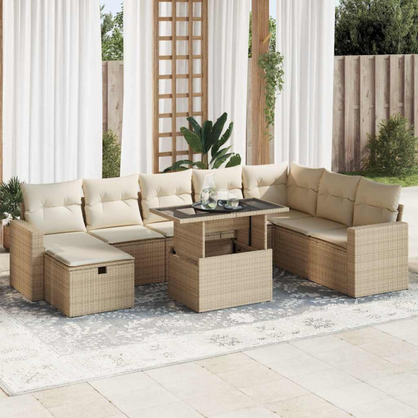 Set de sofás de jardín con cojines 9 pzas ratán sintético beige Set de sofás de jardín con cojines 9 pzas ratán sintético beige D