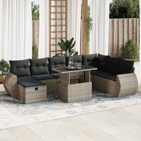 Set de sofás de jardín con cojines 9 pzas ratán sintético gris Set de sofás de jardín con cojines 9 pzas ratán sintético gris D