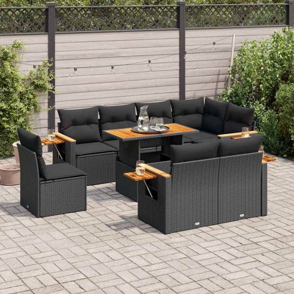 Set sofás jardín y cojines 9 pzas ratán sintético acacia negro D