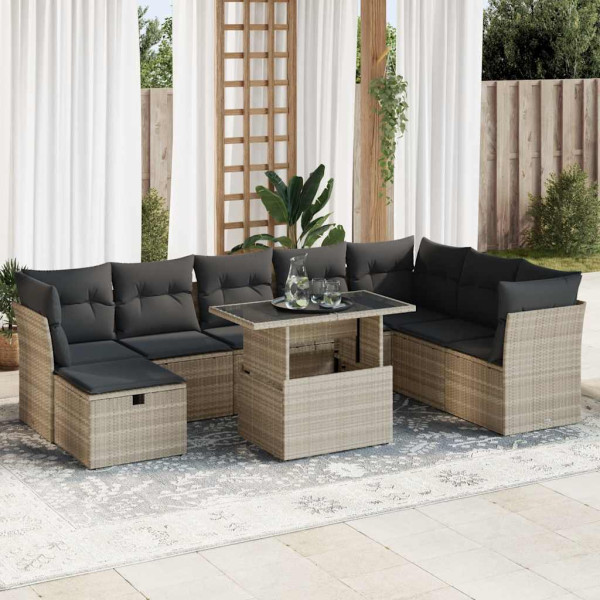 Set muebles jardín 9 pzas y cojines ratán sintético gris claro Set muebles jardín 9 pzas y cojines ratán sintético gris claro D