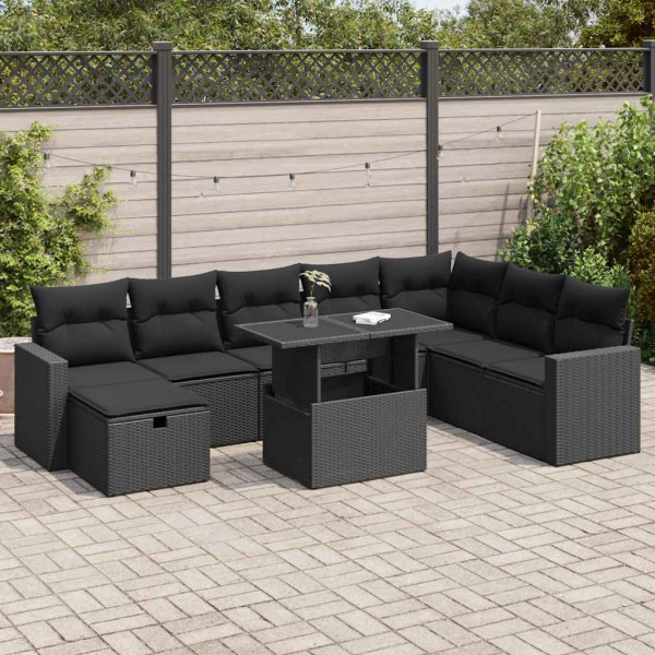 Set de sofás de jardín con cojines 9 pzas ratán sintético negro Set de sofás de jardín con cojines 9 pzas ratán sintético negro D