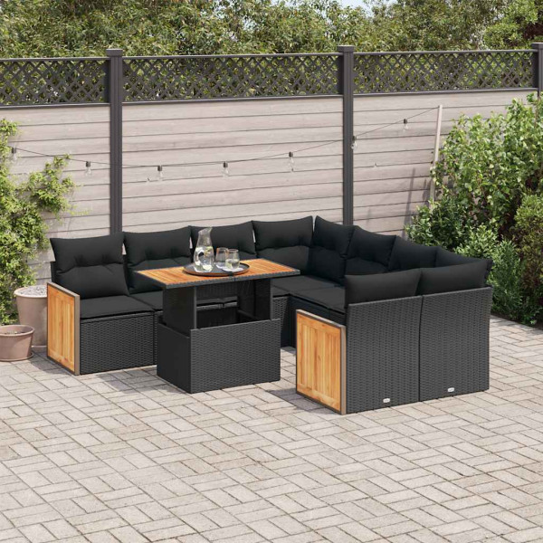 Set sofás jardín y cojines 9 pzas ratán sintético acacia negro Set sofás jardín y cojines 9 pzas ratán sintético acacia negro D